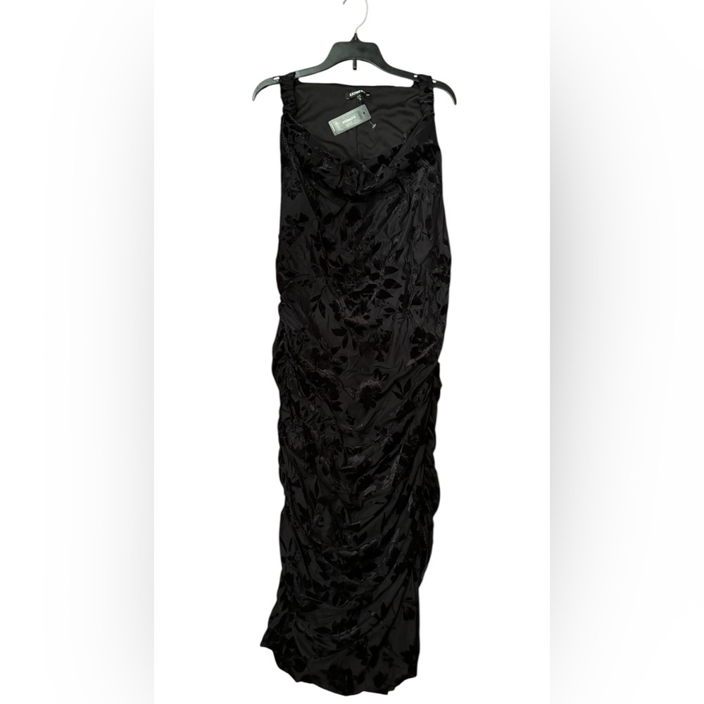 Express Black Floral Burnout Ruched Midi Dress